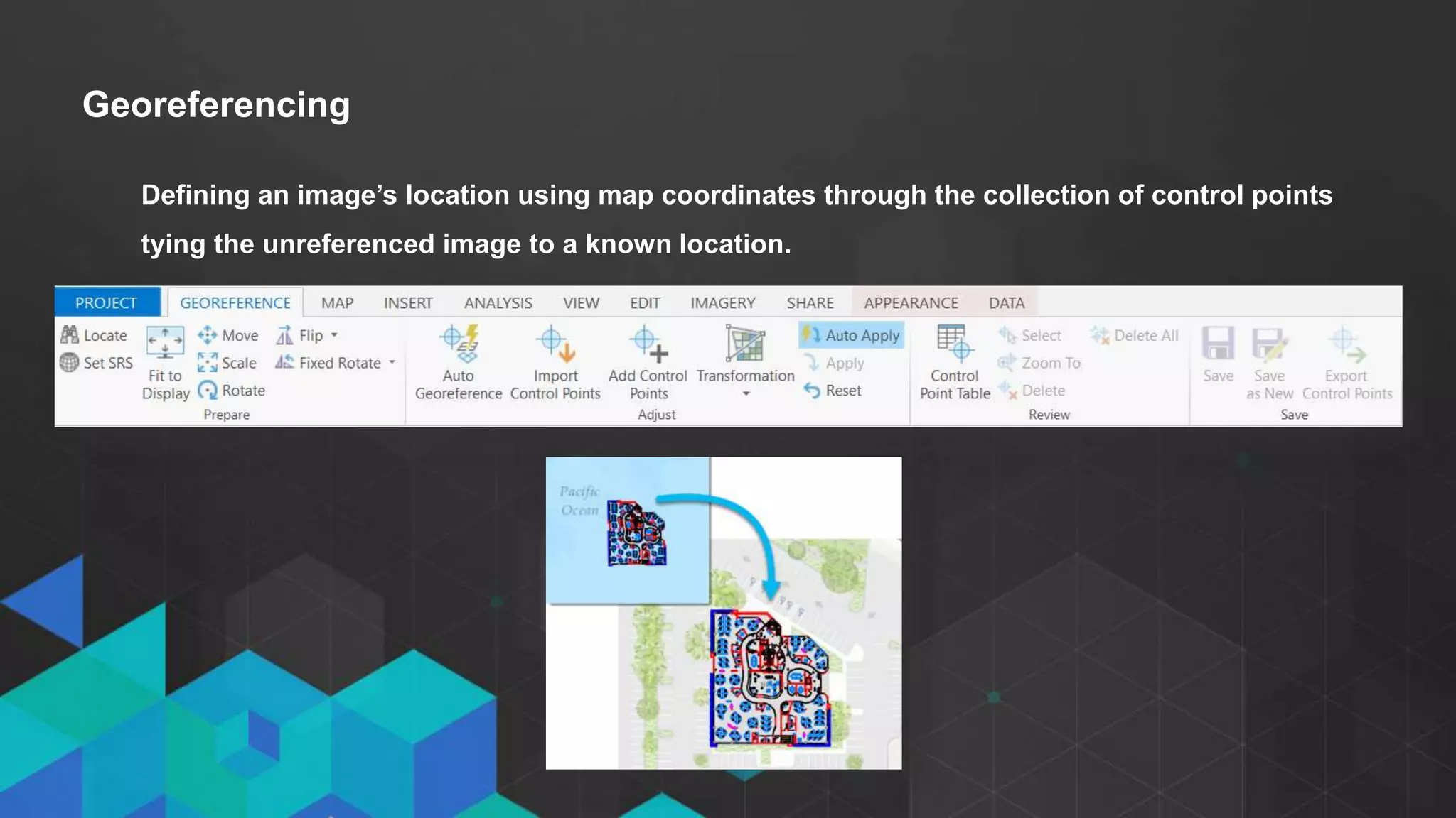 • Click to edit Master text styles
- Second level
- Third level
Georeferencing
Defining an image’s location using map coordinates through the collection of control points
tying the unreferenced image to a known location.
 