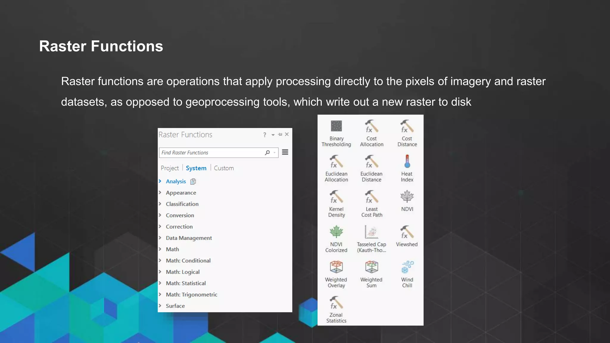 Raster functions are operations that apply processing directly to the pixels of imagery and raster
datasets, as opposed to geoprocessing tools, which write out a new raster to disk
Raster Functions
 