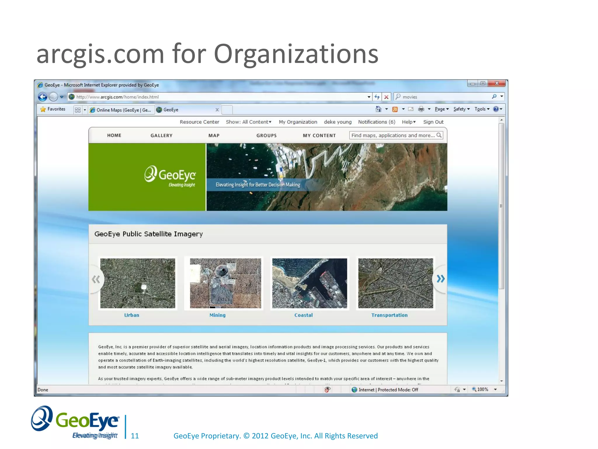 arcgis.com for Organizations




       11   GeoEye Proprietary. © 2012 GeoEye, Inc. All Rights Reserved
 