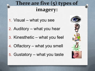 There are five (5) types of
           imagery:
1. Visual – what you see

2. Auditory – what you hear

3. Kinesthetic – what you feel

4. Olfactory – what you smell

5. Gustatory – what you taste
 