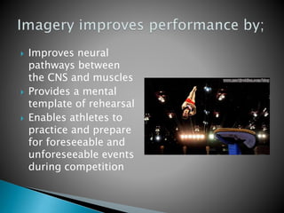  Improves neural
pathways between
the CNS and muscles
 Provides a mental
template of rehearsal
 Enables athletes to
practice and prepare
for foreseeable and
unforeseeable events
during competition
 
