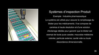 Systèmes d’inspection Produit
Exemple : Industrie pharmaceutique
Le système est utilisé pour assurer le remplissage du
blister pour les médicaments. Il se compose de
caméras à haute résolution et d'une solution
d'éclairage dédiée pour garantir que le blister est
exempt de toute puce cassée; mauvaise médecine
colorée; particule externe; cavité vide ou toute
discordance dimensionnelle.
36
 