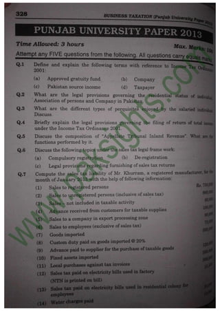 Business Taxation B.Com Part 2 Solved Past Papers 2013
