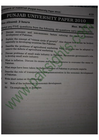 Economics of Pakistan B.Com Part 2 Solved Past Papers 2010