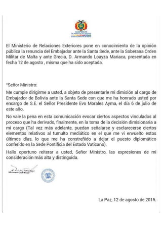 Carta de renuncia del embajador Armando Loaiza 