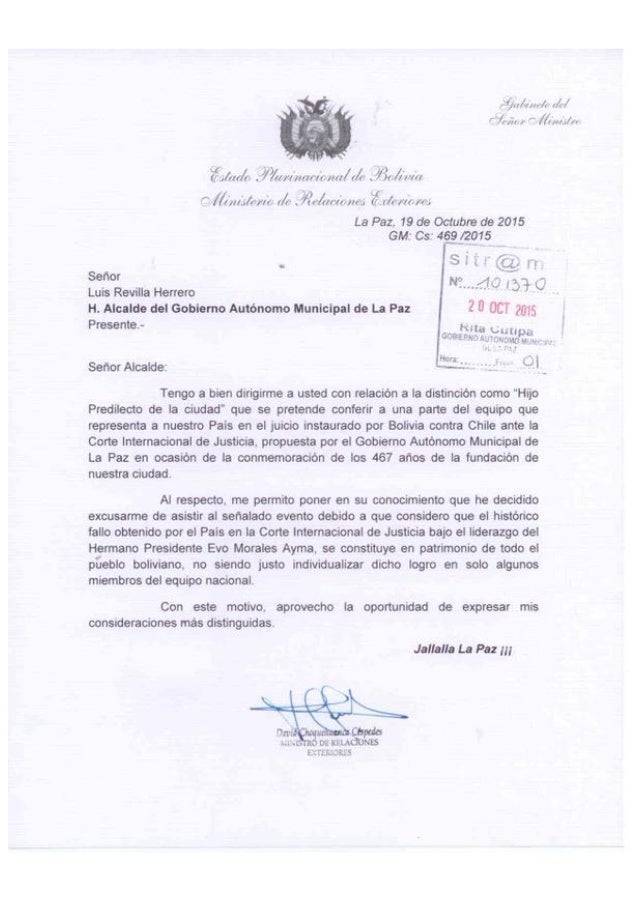 Carta de excusa del Canciller David Choquehuanca