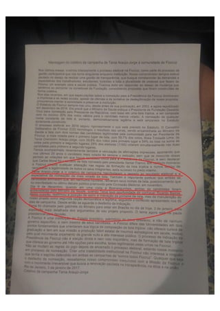 Carta de Tania Cremonini de Araújo-Jorge e o coletivo de sua campanha