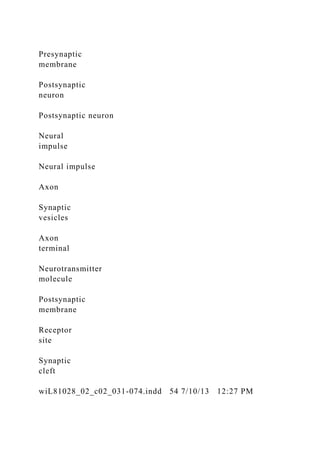 Presynaptic
membrane
Postsynaptic
neuron
Postsynaptic neuron
Neural
impulse
Neural impulse
Axon
Synaptic
vesicles
Axon
terminal
Neurotransmitter
molecule
Postsynaptic
membrane
Receptor
site
Synaptic
cleft
wiL81028_02_c02_031-074.indd 54 7/10/13 12:27 PM
 