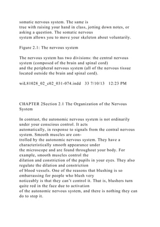 somatic nervous system. The same is
true with raising your hand in class, jotting down notes, or
asking a question. The somatic nervous
system allows you to move your skeleton about voluntarily.
Figure 2.1: The nervous system
The nervous system has two divisions: the central nervous
system (composed of the brain and spinal cord)
and the peripheral nervous system (all of the nervous tissue
located outside the brain and spinal cord).
wiL81028_02_c02_031-074.indd 33 7/10/13 12:23 PM
CHAPTER 2Section 2.1 The Organization of the Nervous
System
In contrast, the autonomic nervous system is not ordinarily
under your conscious control. It acts
automatically, in response to signals from the central nervous
system. Smooth muscles are con-
trolled by the autonomic nervous system. They have a
characteristically smooth appearance under
the microscope and are found throughout your body. For
example, smooth muscles control the
dilation and constriction of the pupils in your eyes. They also
regulate the dilation and constriction
of blood vessels. One of the reasons that blushing is so
embarrassing for people who blush very
noticeably is that they can’t control it. That is, blushers turn
quite red in the face due to activation
of the autonomic nervous system, and there is nothing they can
do to stop it.
 