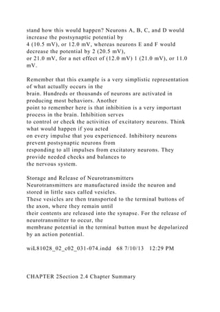 stand how this would happen? Neurons A, B, C, and D would
increase the postsynaptic potential by
4 (10.5 mV), or 12.0 mV, whereas neurons E and F would
decrease the potential by 2 (20.5 mV),
or 21.0 mV, for a net effect of (12.0 mV) 1 (21.0 mV), or 11.0
mV.
Remember that this example is a very simplistic representation
of what actually occurs in the
brain. Hundreds or thousands of neurons are activated in
producing most behaviors. Another
point to remember here is that inhibition is a very important
process in the brain. Inhibition serves
to control or check the activities of excitatory neurons. Think
what would happen if you acted
on every impulse that you experienced. Inhibitory neurons
prevent postsynaptic neurons from
responding to all impulses from excitatory neurons. They
provide needed checks and balances to
the nervous system.
Storage and Release of Neurotransmitters
Neurotransmitters are manufactured inside the neuron and
stored in little sacs called vesicles.
These vesicles are then transported to the terminal buttons of
the axon, where they remain until
their contents are released into the synapse. For the release of
neurotransmitter to occur, the
membrane potential in the terminal button must be depolarized
by an action potential.
wiL81028_02_c02_031-074.indd 68 7/10/13 12:29 PM
CHAPTER 2Section 2.4 Chapter Summary
 