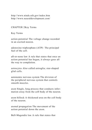 http://www.ninds.nih.gov/index.htm
http://www.neuraldevelopment.com/
CHAPTER 2Key Terms
Key Terms
action potential The voltage change recorded
in an excited neuron.
adenosine triphosphate (ATP) The principal
fuel of the cell.
all-or-none law A rule that states that once an
action potential has begun, it always goes all
the way to completion.
astrocytes Also called astroglia; star-shaped
glial cells.
autonomic nervous system The division of
the peripheral nervous system that controls
smooth muscles.
axon Single, long process that conducts infor-
mation away from the cell body of the neuron.
axon hillock A thickened area on the cell body
of the neuron.
axonal propagation The movement of the
action potential down the axon.
Bell-Magendie law A rule that states that
 