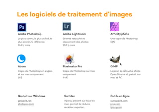 Les logiciels de traitement d’images
Adobe Photoshop
Le plus connu, le plus utilisé, le
plus ancien, la référence.
24€ / mois
Adobe Lightroom
Orienté retouche et
classement des photos
12€ / mois
Af
fi
nity photo
Une copie de Photoshop
59€
Acorn
Copie de Photoshop en anglais
et sur mac uniquement
16$
Pixelmator Pro
Copie de Photoshop sur mac
uniquement
44€
GIMP
Logiciel de retouche photo
Open Source et gratuit, sur
mac et PC.
Gratuit sur Windows
getpaint.net
photopos.com
Outils en ligne
sumopaint.com
pixlr.com
ipiccy.com
Sur Mac
Aperçu présent sur tous les
mac, permet de réduire,
recadrer, exporter…
 