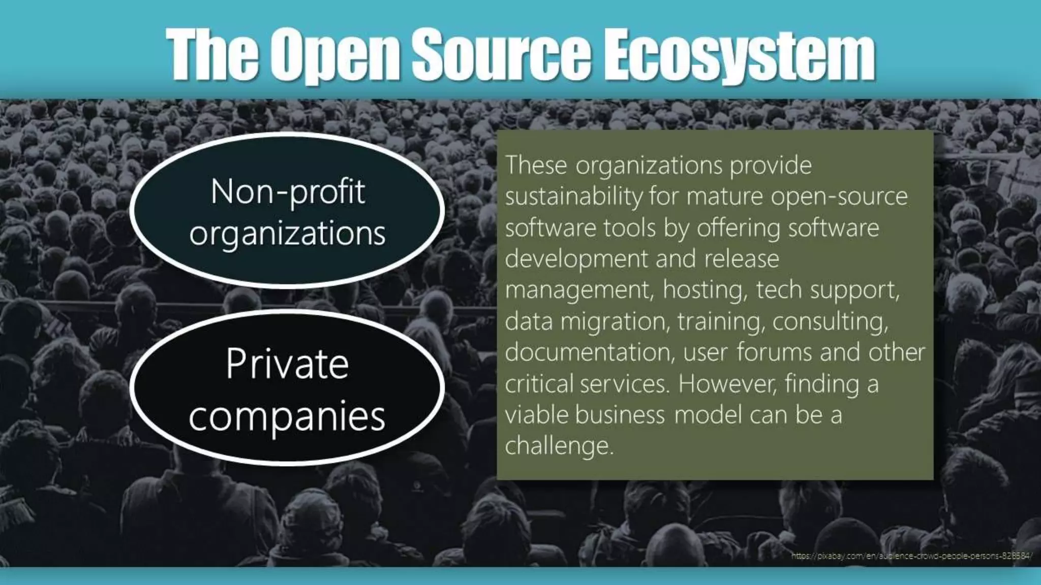 https://pixabay.com/en/audience-crowd-people-persons-828584/
TheOpenSourceEcosystem
These organizations provide
sustainability for mature open-source
software tools by offering software
development and release
management, hosting, tech support,
data migration, training, consulting,
documentation, user forums and other
critical services. However, finding a
viable business model can be a
challenge.
Private
companies
Non-profit
organizations
 