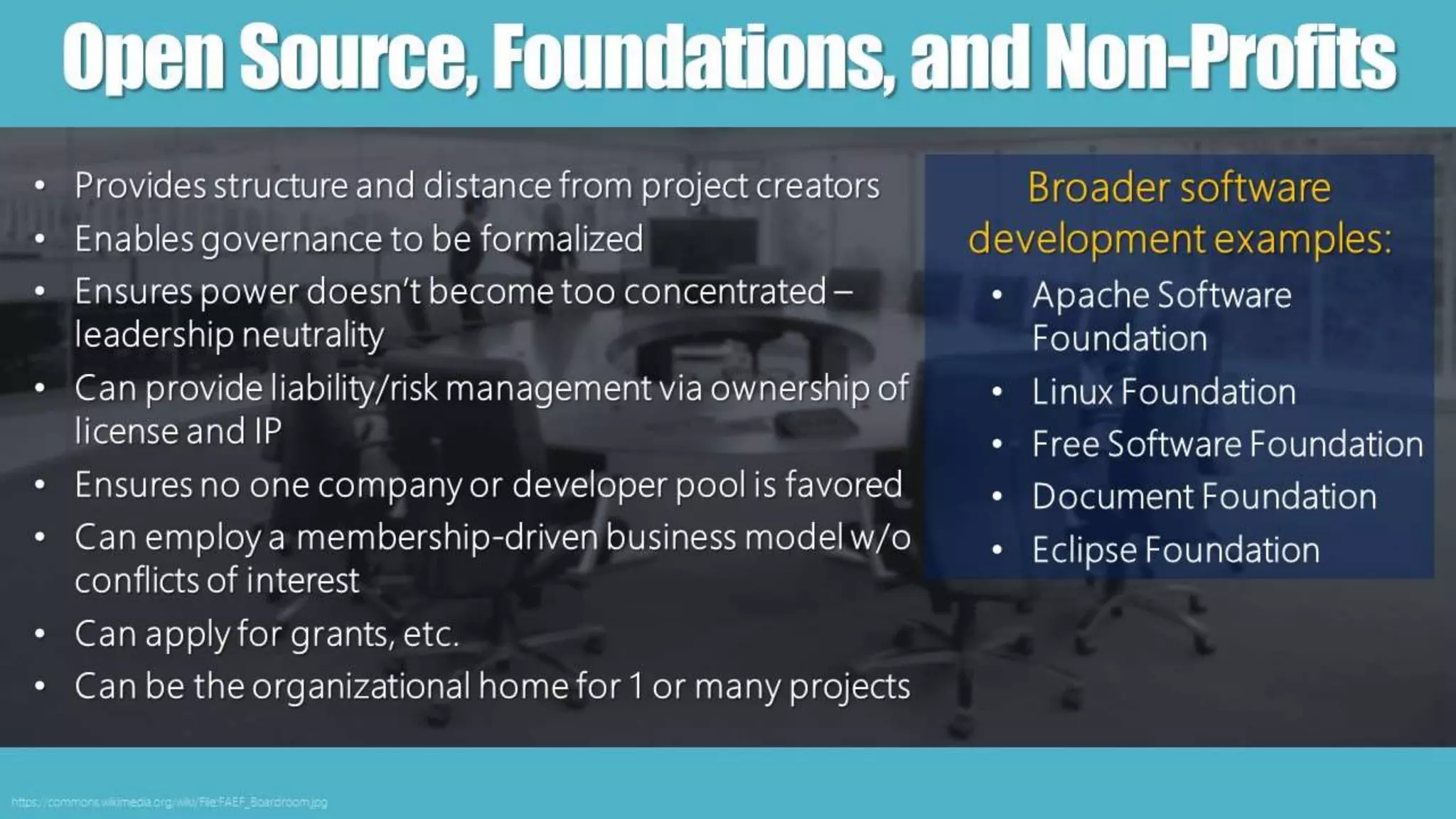 OpenSource,Foundations,andNon-Profits
https://commons.wikimedia.org/wiki/File:FAEF_Boardroom.jpg
• Provides structure and distance from project creators
• Enables governance to be formalized
• Ensures power doesn’t become too concentrated –
leadership neutrality
• Can provide liability/risk management via ownership of
license and IP
• Ensures no one company or developer pool is favored
• Can employ a membership-driven business model w/o
conflicts of interest
• Can apply for grants, etc.
• Can be the organizational home for 1 or many projects
Broader software
development examples:
• Apache Software
Foundation
• Linux Foundation
• Free Software Foundation
• Document Foundation
• Eclipse Foundation
 