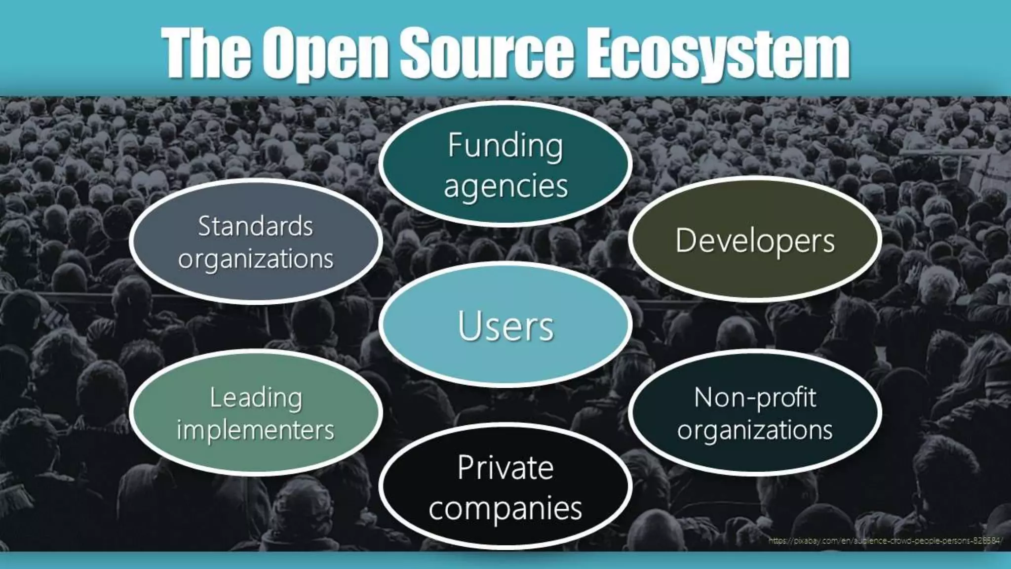 https://pixabay.com/en/audience-crowd-people-persons-828584/
TheOpenSourceEcosystem
Leading
implementers
Private
companies
Non-profit
organizations
Funding
agencies
Developers
Users
Standards
organizations
 