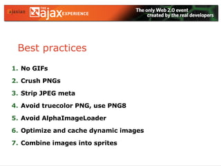 Best practices <ul><li>No GIFs </li></ul><ul><li>Crush PNGs </li></ul><ul><li>Strip JPEG meta </li></ul><ul><li>Avoid true...