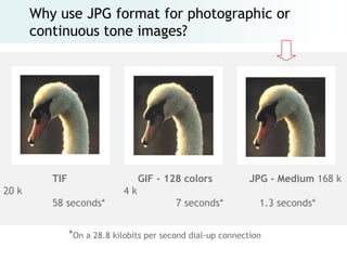 Why use JPG format for photographic or
       continuous tone images?




          TIF                     GIF - 128 colors            JPG - Medium 168 k
20 k                         4k
          58 seconds*                      7 seconds*           1.3 seconds*


                *On a 28.8 kilobits per second dial-up connection
 