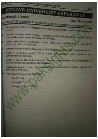 Economics of Pakistan B.Com Part 2 Solved Past Papers 2011