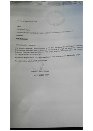 Carta de renuncia de Wilfredo Ovando al TSE