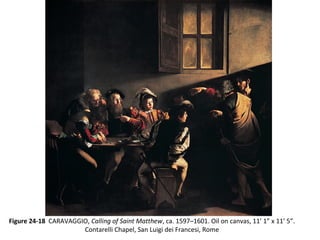 Figure 24-18 CARAVAGGIO, Calling of Saint Matthew, ca. 1597–1601. Oil on canvas, 11’ 1” x 11’ 5”.
Contarelli Chapel, San Luigi dei Francesi, Rome
 