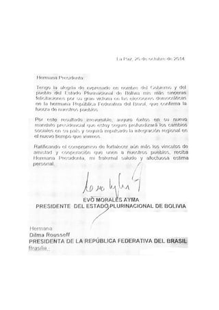 Carta de Felicitación de Evo Morales a Dilma Ruselff