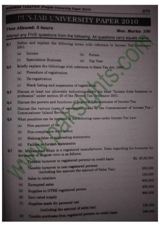 Business Taxation B.Com Part 2 Solved Past Papers 2010