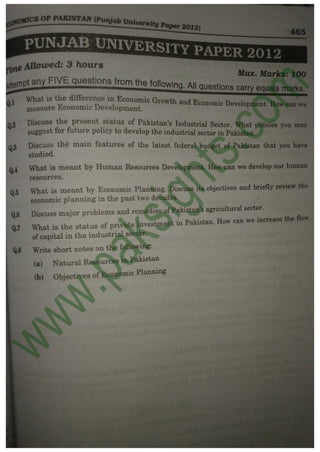 Economics of Pakistan B.Com Part 2 Solved Past Papers 2012