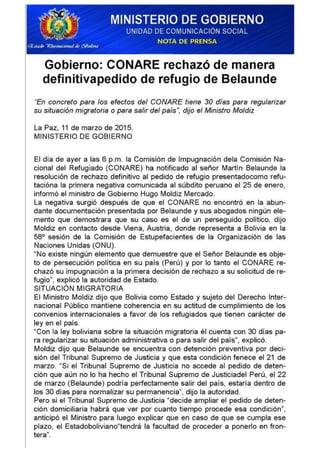 Comunicado oficial del Gobierno de Bolivia sobre Martín Belaunde Lossio