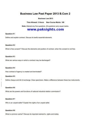 Business Law B.Com Part 2 Solved Past Papers 2013