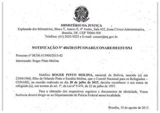 Notificación oficial de la Conare de Brasil a Roger Pinto