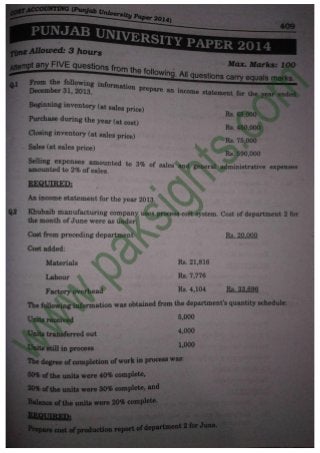 Cost Accounting B.Com Part 2 Solved Past Papers 2014