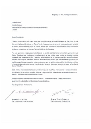 Carta de Andrés Pastrana y Jorge Tuto Quiroga a Nicolás Maduro
