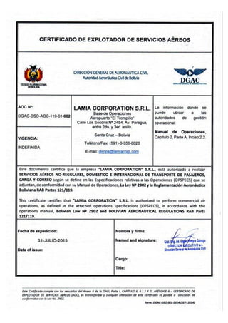 Certificación de la DGAC a LaMia.