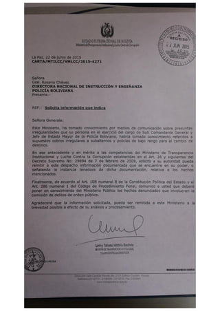 Carta del ministerio de Transparencia a la generala Chávez