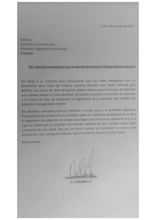 Carta de renuncia de Verónica Rocha a su postulación a vocal