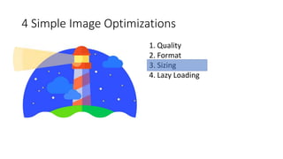 4 Simple Image Optimizations
1. Quality
2. Format
3. Sizing
4. Lazy Loading
 