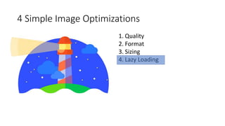 4 Simple Image Optimizations
1. Quality
2. Format
3. Sizing
4. Lazy Loading
 