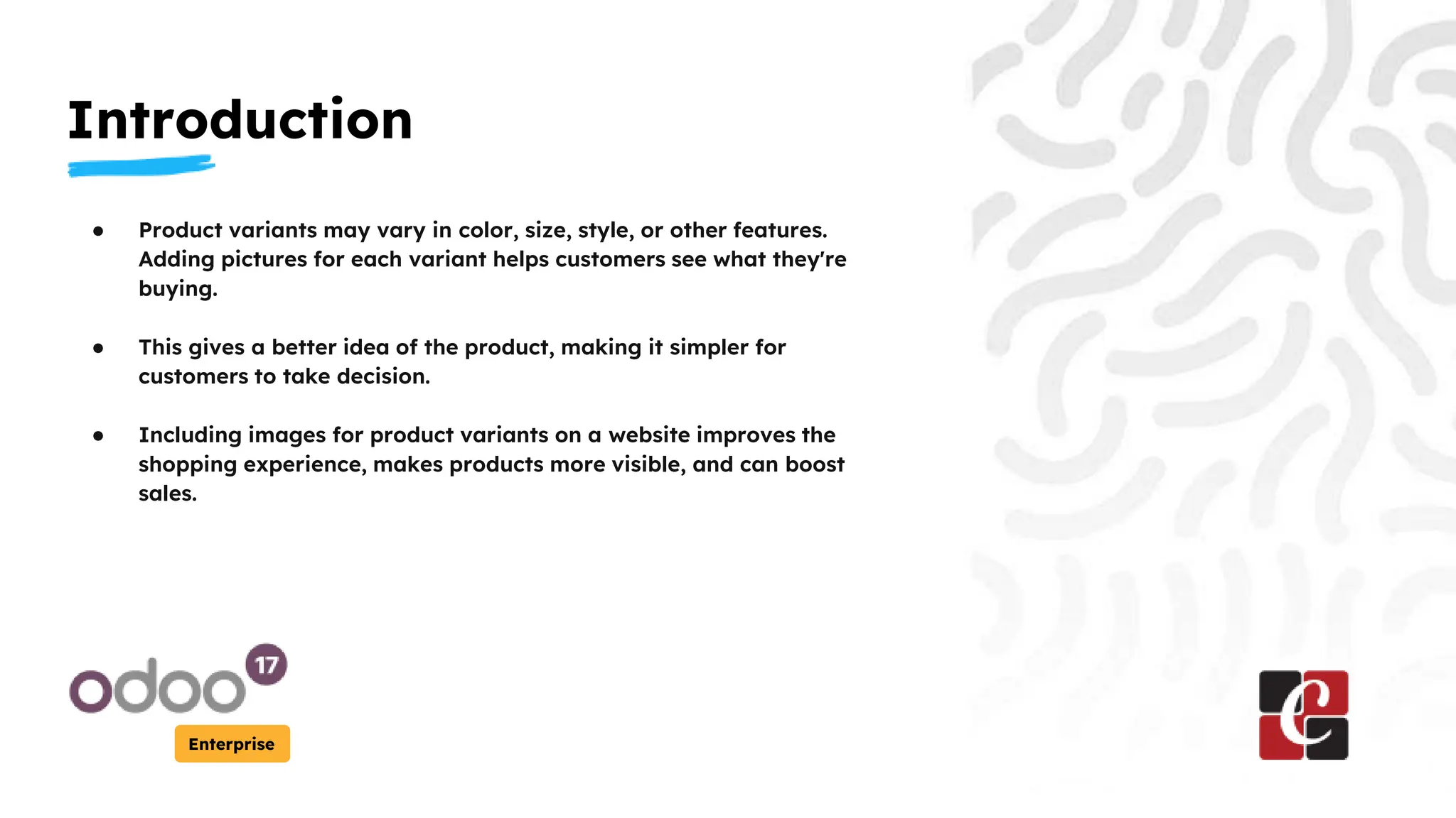Introduction
Enterprise
● Product variants may vary in color, size, style, or other features.
Adding pictures for each variant helps customers see what they're
buying.
● This gives a better idea of the product, making it simpler for
customers to take decision.
● Including images for product variants on a website improves the
shopping experience, makes products more visible, and can boost
sales.
 