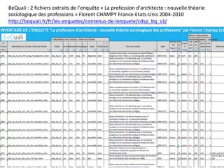 BeQuali	:	2	fichiers	extraits	de	l’enquête	«	La	profession	d’architecte	:	nouvelle	théorie	
sociologique	des	professions	»	Florent	CHAMPY	France-Etats-Unis	2004-2010	
http://bequali.fr/fr/les-enquetes/contenus-de-lenquete/cdsp_bq_s3/		
 
