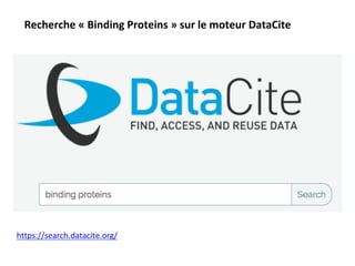 https://search.datacite.org/		
Recherche	«	Binding	Proteins	»	sur	le	moteur	DataCite	
 