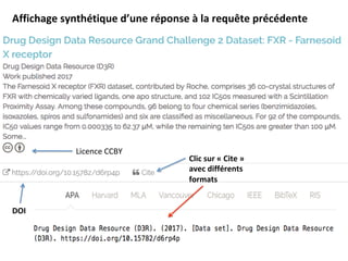 Affichage	synthétique	d’une	réponse	à	la	requête	précédente	
Licence	CCBY	
DOI	
Clic	sur	«	Cite	»	
avec	différents	
formats	
 