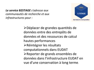 Le	service	B2STAGE	s'adresse	aux	
communautés	de	recherche	et	aux	
infrastructures	pour	:	
	
# Déplacer	de	grandes	quantités	de	
données	entre	des	entrepôts	de	
données	et	des	ressources	de	calcul	
hautes	performances	
# Réintégrer	les	résultats	
computationnels	dans	EUDAT	
# Reporter	de	grands	ensembles	de	
données	dans	l’infrastructure	EUDAT	en	
vue	d’une	conservation	à	long	terme.	
	
 