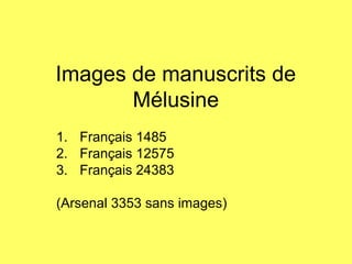 Images de manuscrits de
Mélusine
1. Français 1485
2. Français 12575
3. Français 24383
(Arsenal 3353 sans images)
 