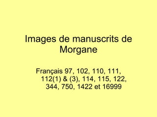 Images de manuscrits de Morgane Français 97, 102, 110, 111, 112(1) & (3), 114, 115, 122, 344, 750, 1422 et 16999 