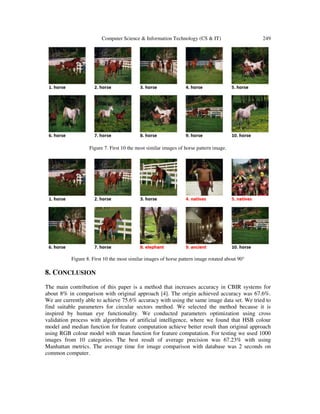 Computer Science & Information Technology (CS & IT) 249
Figure 7. First 10 the most similar images of horse pattern image.
Figure 8. First 10 the most similar images of horse pattern image rotated about 90°
8. CONCLUSION
The main contribution of this paper is a method that increases accuracy in CBIR systems for
about 8% in comparison with original approach [4]. The origin achieved accuracy was 67.6%.
We are currently able to achieve 75.6% accuracy with using the same image data set. We tried to
find suitable parameters for circular sectors method. We selected the method because it is
inspired by human eye functionality. We conducted parameters optimization using cross
validation process with algorithms of artificial intelligence, where we found that HSB colour
model and median function for feature computation achieve better result than original approach
using RGB colour model with mean function for feature computation. For testing we used 1000
images from 10 categories. The best result of average precision was 67.23% with using
Manhattan metrics. The average time for image comparison with database was 2 seconds on
common computer.
 