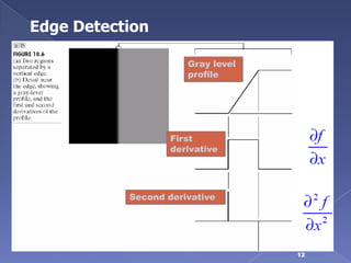 Edge Detection

                      Gray level
                      profile




                   First
                   derivative




           Second derivative




                                   12
 