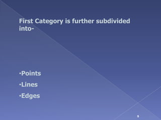 First Category is further subdivided
into-




•Points
•Lines
•Edges


                                       5
 