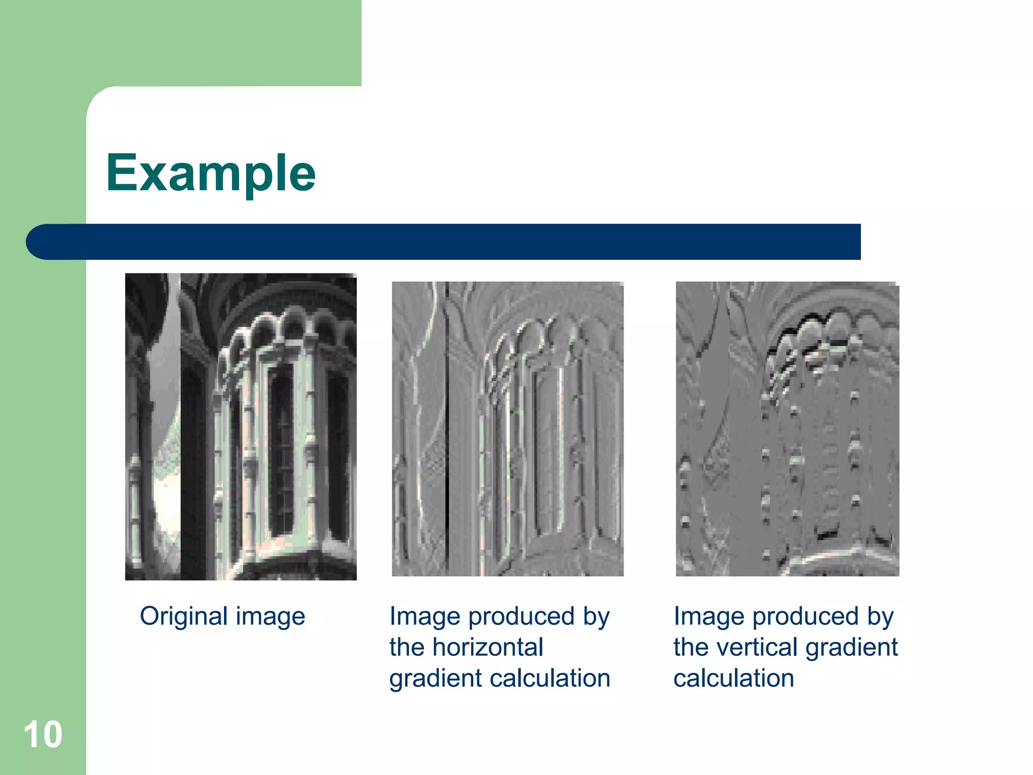 10
Example
Original image Image produced by
the horizontal
gradient calculation
Image produced by
the vertical gradient
calculation
 