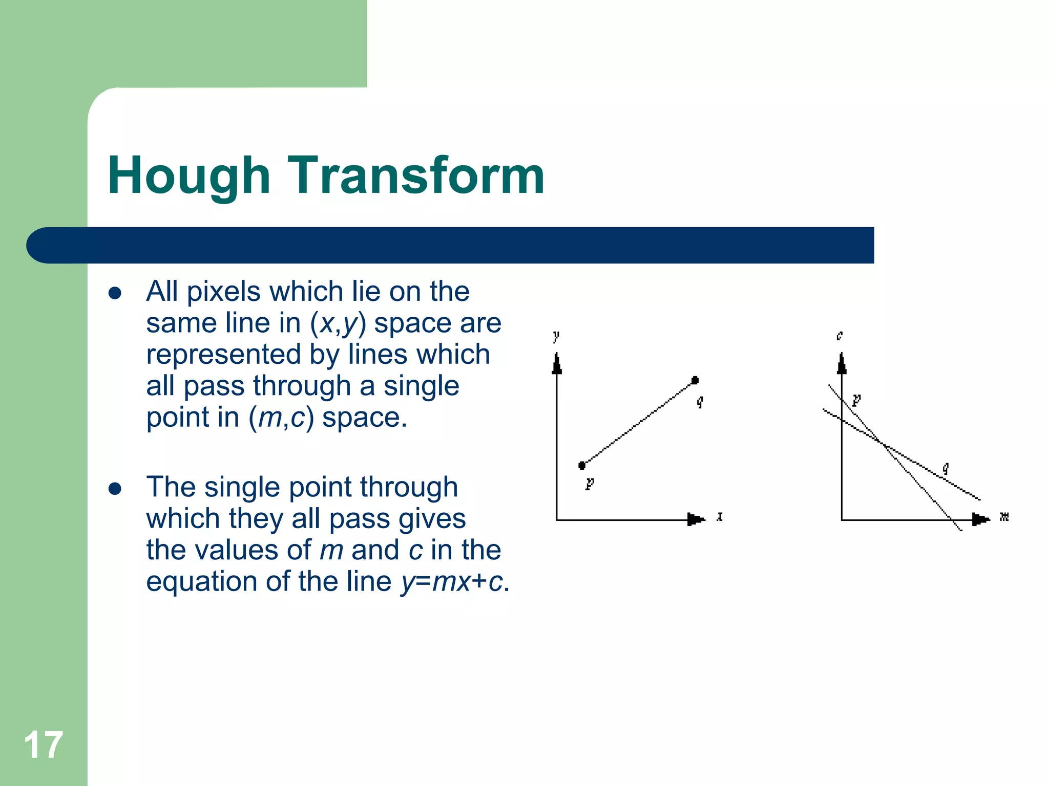17
Hough Transform
 All pixels which lie on the
same line in (x,y) space are
represented by lines which
all pass through a single
point in (m,c) space.
 The single point through
which they all pass gives
the values of m and c in the
equation of the line y=mx+c.
 