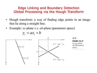 Edge Linking and Boundary Detection
Global Processing via the Hough Transform
• Hough transform: a way of finding edge points in an image
that lie along a straight line.
• Example: xy-plane v.s. ab-plane (parameter space)
baxy ii 
 